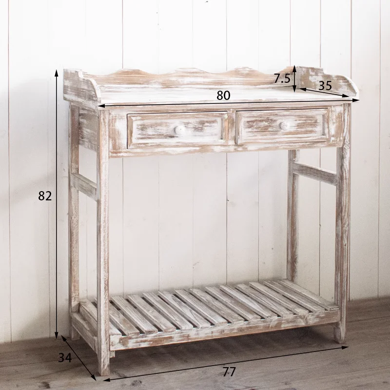 Rustic Charm Console Table Vintage American Countryside Style, Cedar Wood Construction, Distressed White Finish, Hand-Carved Det