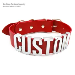 Punk Red Pu personal isierte benutzer definierte Buchstaben Kragen Halsreif Halskette sexy benutzer definierte Name Schnalle Halsreif Schmuck