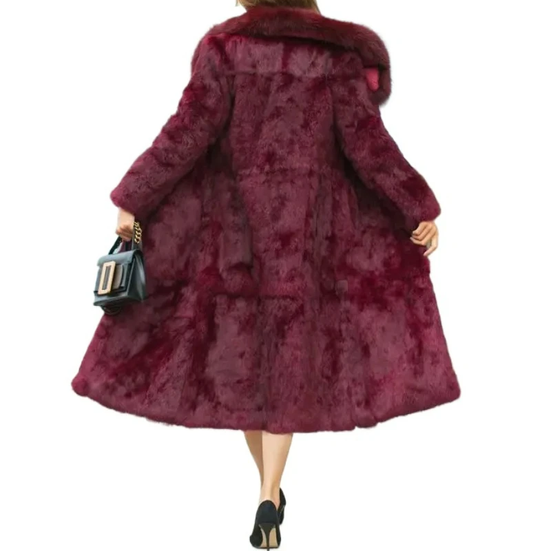 Rabbit Fur Coat for Women, Long Below The Knee, Fox Fur Collar, Slim Fit, Plus Size Outwear, Temperament V-neck, Winter, New