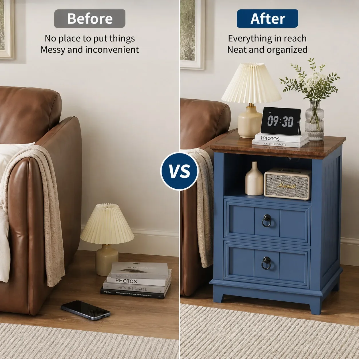 Modern Fluted Nightstand with USB Charging Station, 2 Drawer Side Table with Open Storage Shelf, Wooden Bedside Cabinet for Home