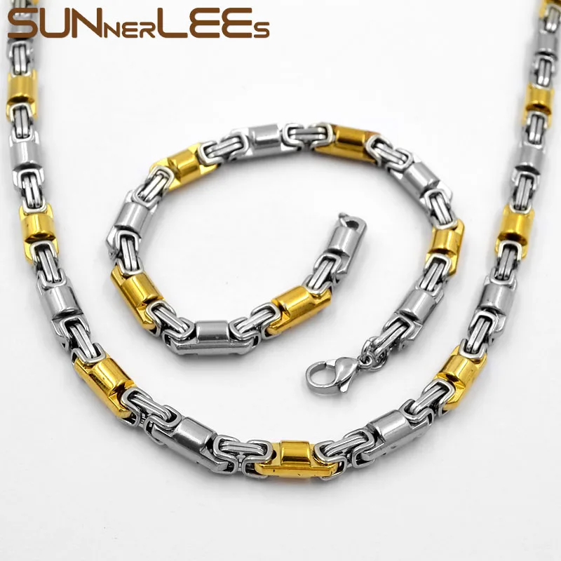 

SUNNERLEES Fashion Jewelry Stainless Steel Necklace Bracelet Set 6mm Geometric Byzantine Link Chain Gold Color Men Women SC136 S