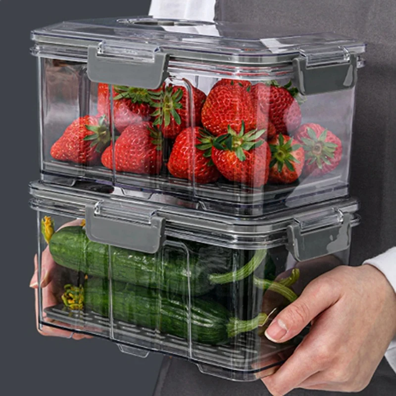 Vacuum Food Storage Container Transparent Fridge Organizer With Drain Net Capacity Food Dispenser For Kitchen