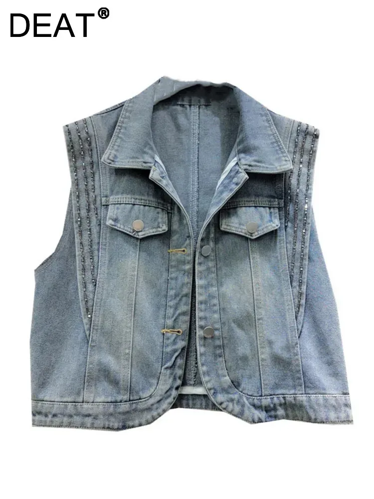 

DEAT Women's Denim Vest Sleeveless Embroidered Flares Vintage Washed Light Blue Waistcoat 2024 autumn New Fashion 11XX9018