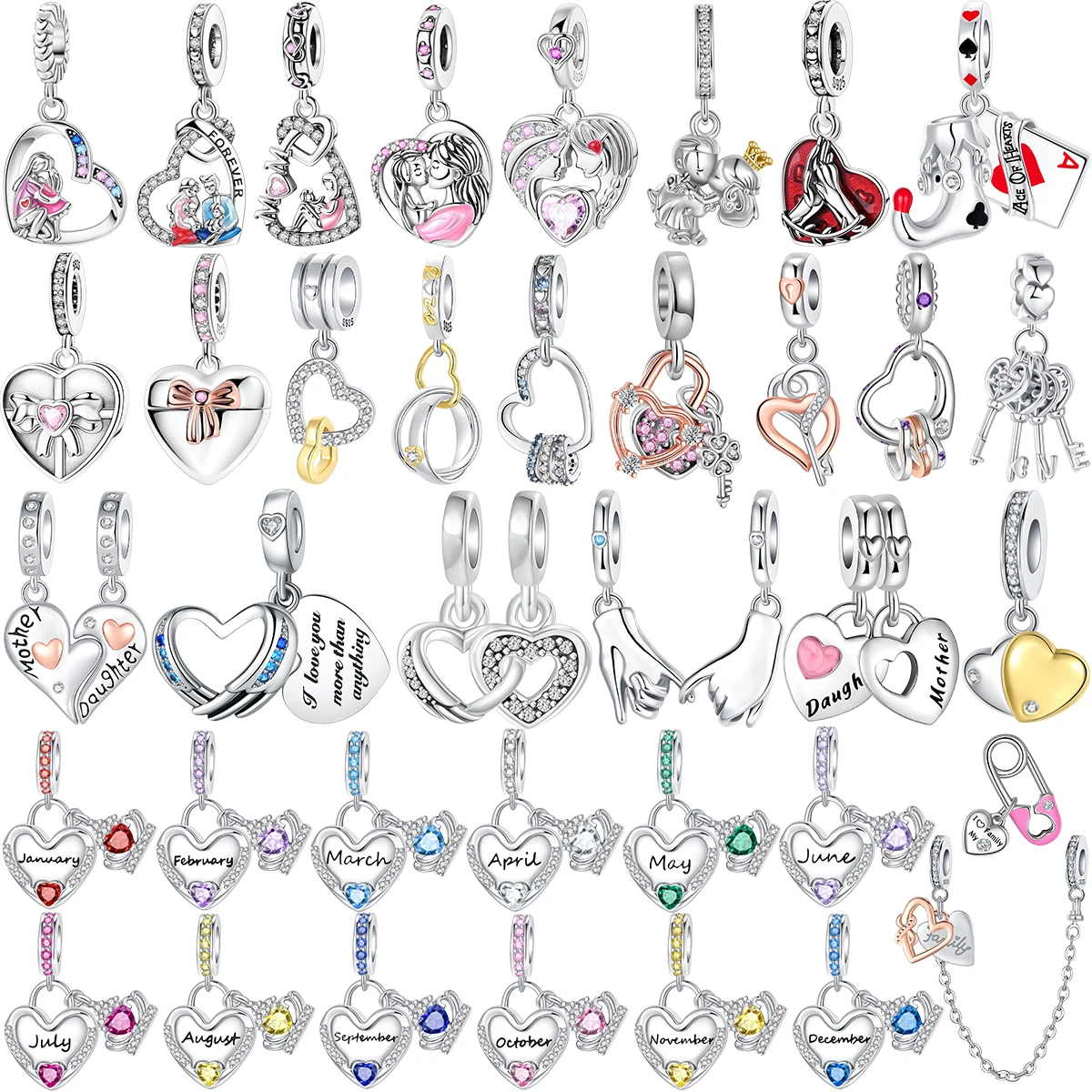 

Sparkling Birthstone Charms 925 Sterling Silver Heart Key Birthday Pendant Fit Original Necklace Bracelet Women Jewelry DIY Gift