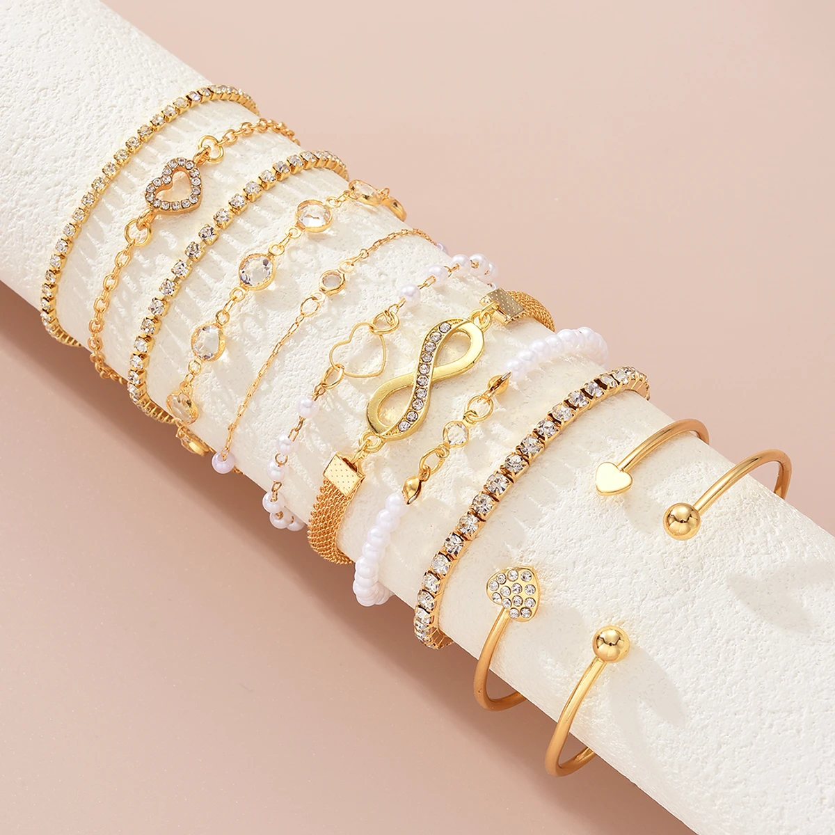 11 Pcs Boho Pearl Crystal Heart Infinity Sign Bracelets for Women Vintage Elegant Gold Color Bracelets Sets New Vacation Jewelry