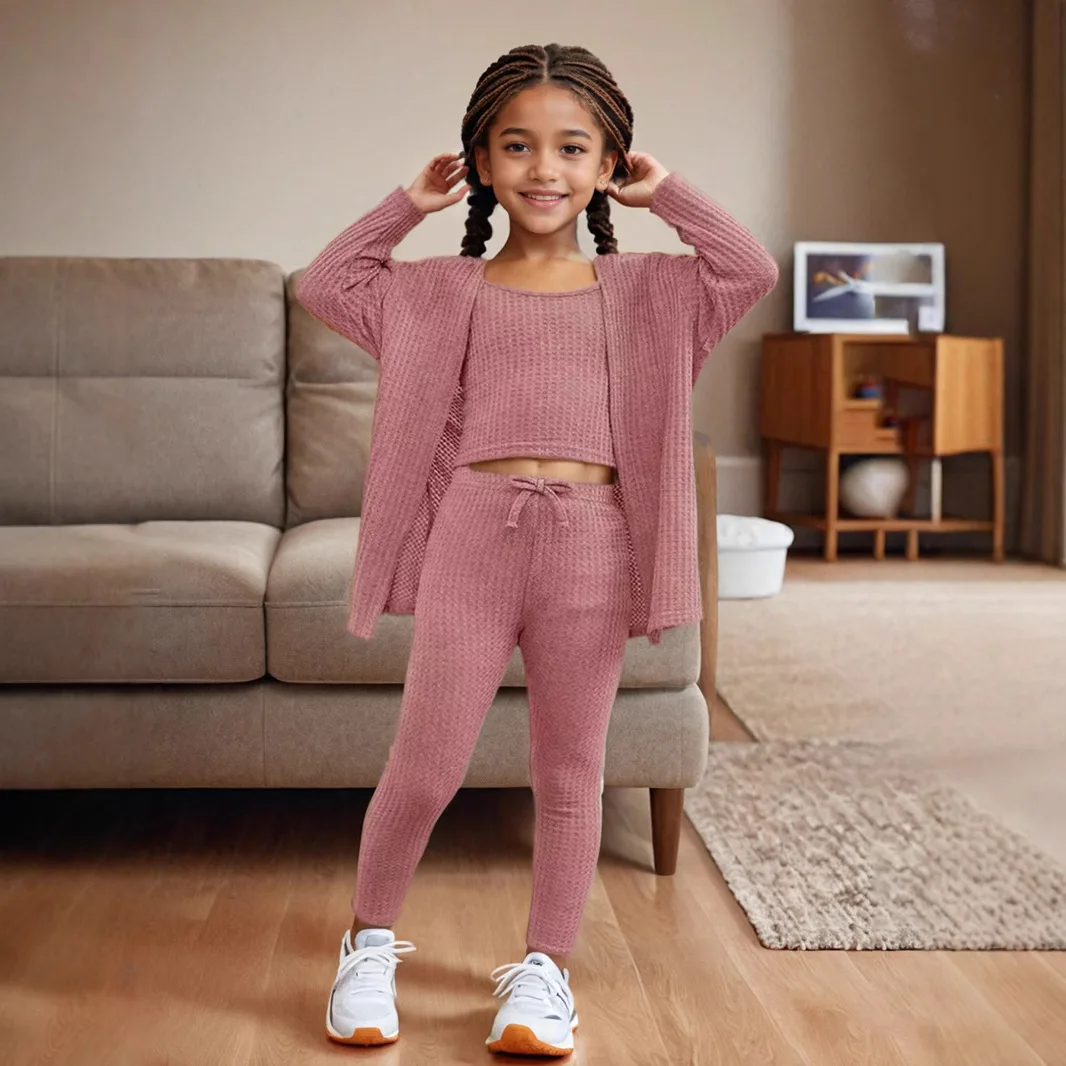 Girls Set 2025 New Spring and Autumn Girls Fashion Vest Pants Mid Length Jacket Three Piece Set