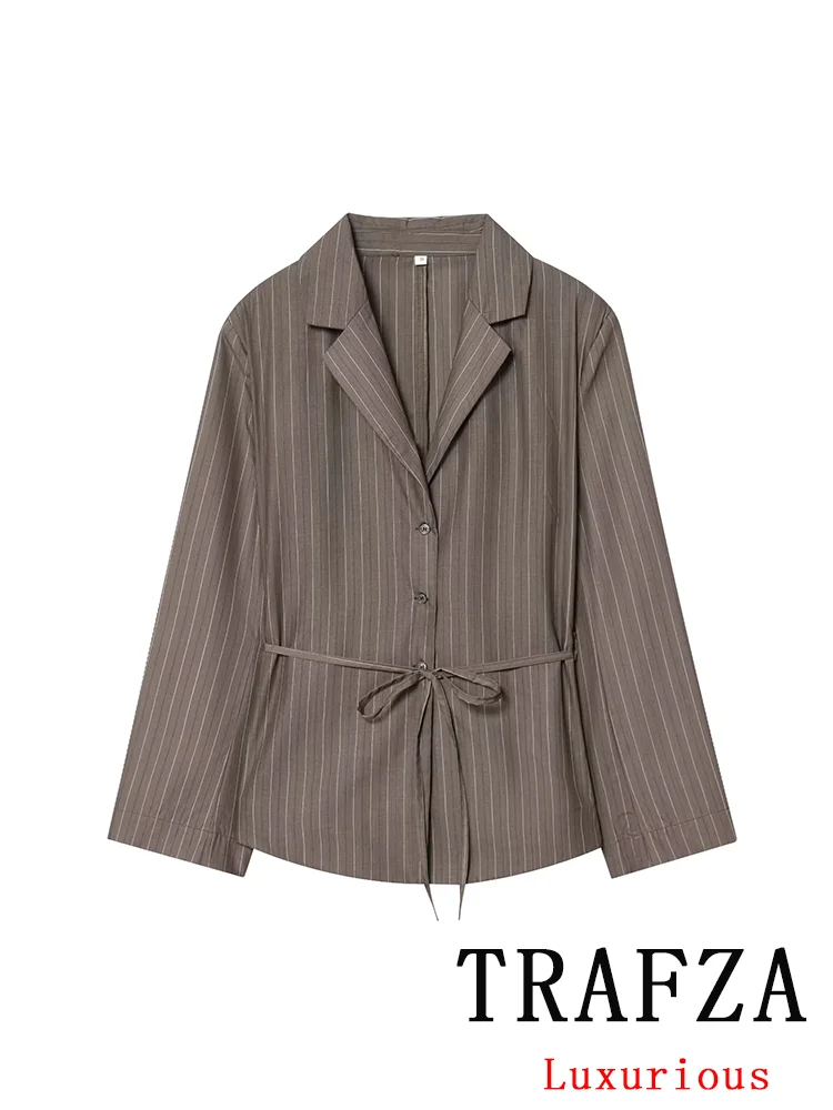 KONDALA Office Lady Chic Bruine Pakken V-hals Gestreepte Losse Blazer Hoge Taille Wijde Pijpen Broek Mode 2025, Herfst Casual Damespakken