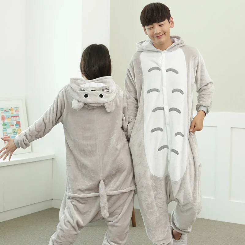 Winter Flannel Cartoon Cat Button Onesie Sleepwear For Young Couples Hooded Halloween Christmas Cosplay Pajamas Length To  Ankle