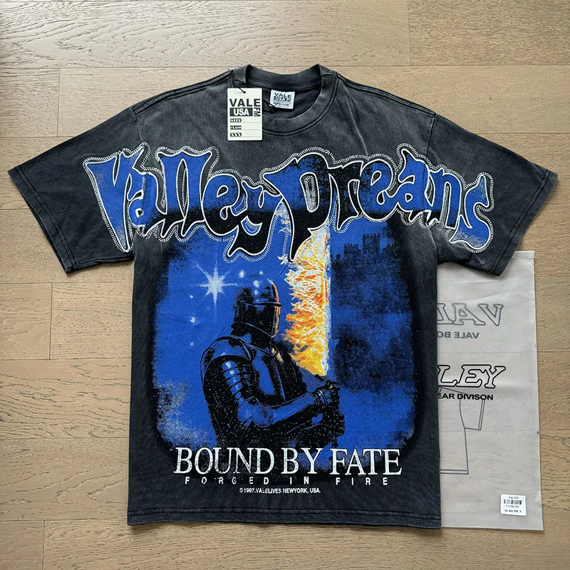 Vale Valley American Trendy Brand Iron Man Washed Vintage Rhinestone Short Sleeve Loose Heavyweight Pure Cotton T-Shirt Top