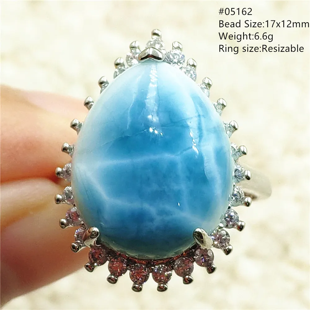 Natural Blue Larimar Adjustable Ring Oval Jewelry Larimar Bead Women Men Water Pattern 925 Sterling Silver AAAAAA