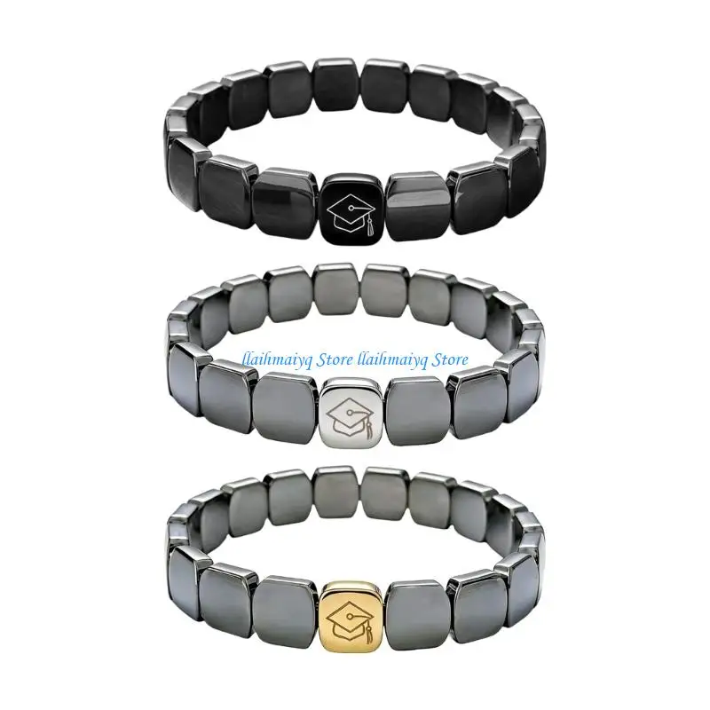 

573B Elegant Black Hematite Elastic Bracelet Featuring 2026 Graduation Cap Design Adjustable Wristband Perfect Gift