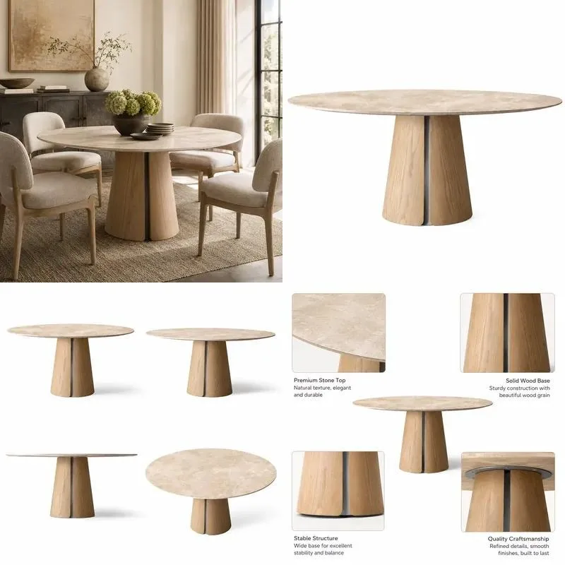 Modern luxury 71-inch round dining table, stone tabletop, large round table with solid wood base, suitable for villa