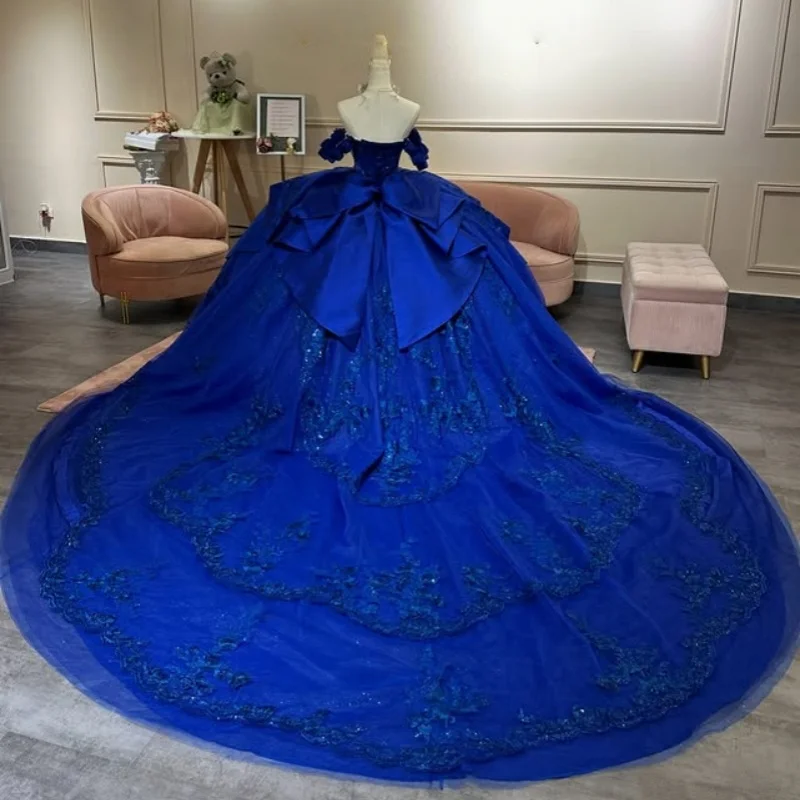 فستان Quinceanera باللون الأزرق الداكن اللامع كريستال لامع ثلاثي الأبعاد على شكل زهرة ملصق طويل بفيونكة فاخرة من Vestidos De 15 Quinceanera تخصيص #5