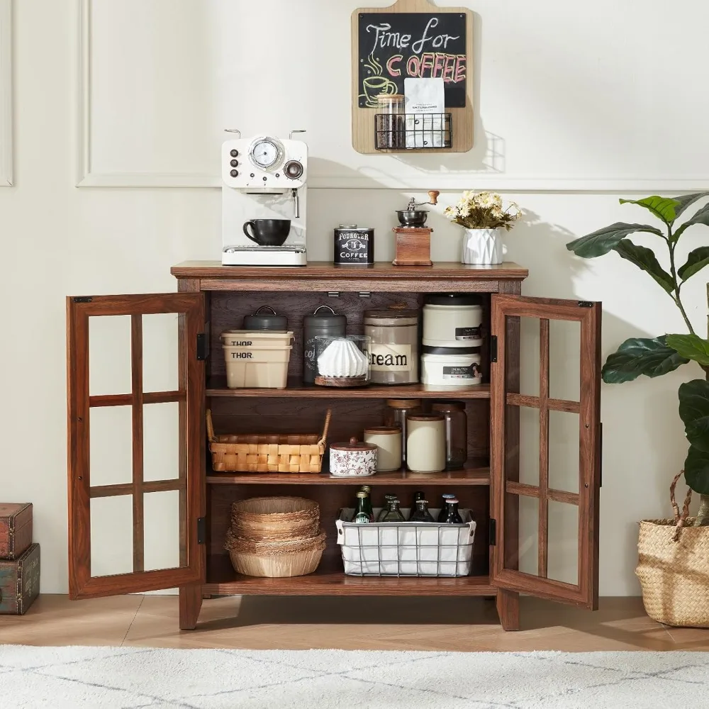 خزانة بوفيه مطبخ كبيرة على طراز المزرعة مع مساحة تخزين، وخزانة بار القهوة والنبيذ البني مقاس 32 بوصة تتميز ببابين زجاجيين