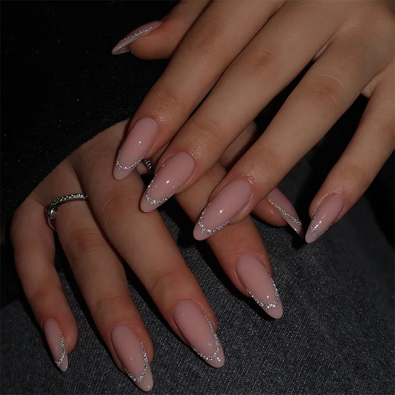 24 pièces lignes ondulées conception française faux ongles longs ongles en amande ensembles presse sur Simple motif de poudre brillante faux ongles conseils réutilisables