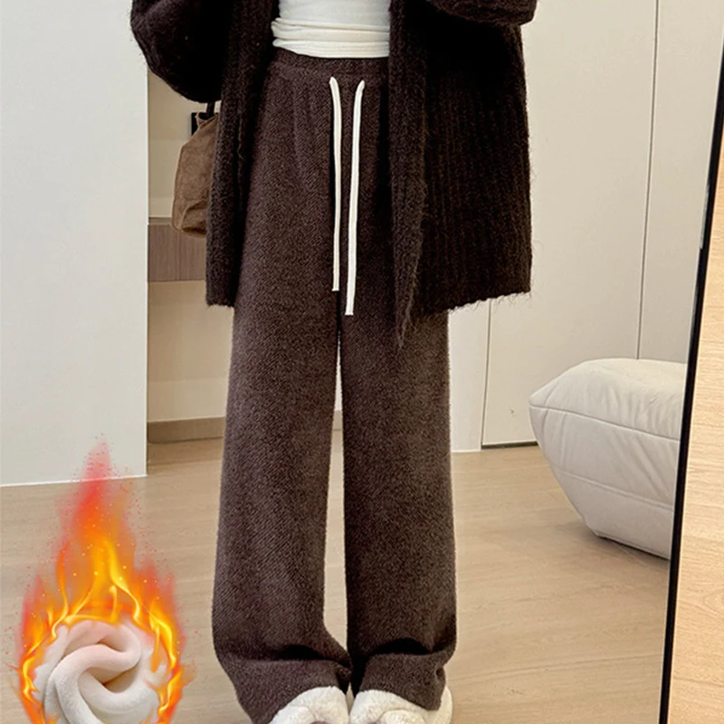 Drawstring High Waist Plush Pants For Women Winter Fleece Straight Wide Leg Casual Pants Woman Loose Thicken Warm Trousers Mujer