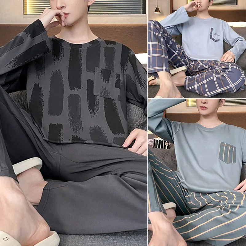 Men Solid Color Pajamas Autumn Winter Cotton School Large Size Homewear Long-Sleeved Long Trousers Casual Simple Plaid Clothes