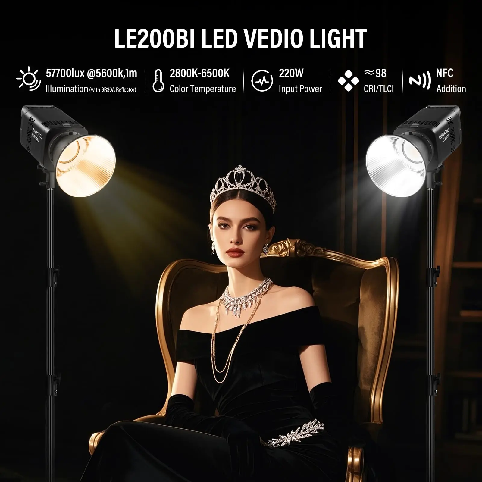 Godox Litemons LE200Bi 220W Bi-color COB LED Video Light Bowens Mount Professional Continuous Studio Photography Lighting APP