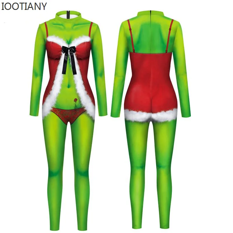 IOOTIANY Christmas Women Jumpsuit 3d Print Xmas Party Clothes Green Guy Pattern Costume Zentai Suit Holiday Cosplay Catsuit