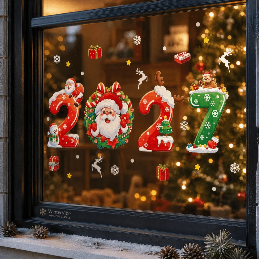 Waterproof 2027 Static Cling Decal Removable Static Exquisite Christmas Glass Window Sticker Festive Atmosphere Small