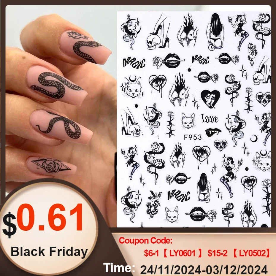 3D Snake Design Nail Stickers Black Evil Eye Tiny Skull Ghost Flower Design Sliders For Halloween Manicure Nail Art Decoration