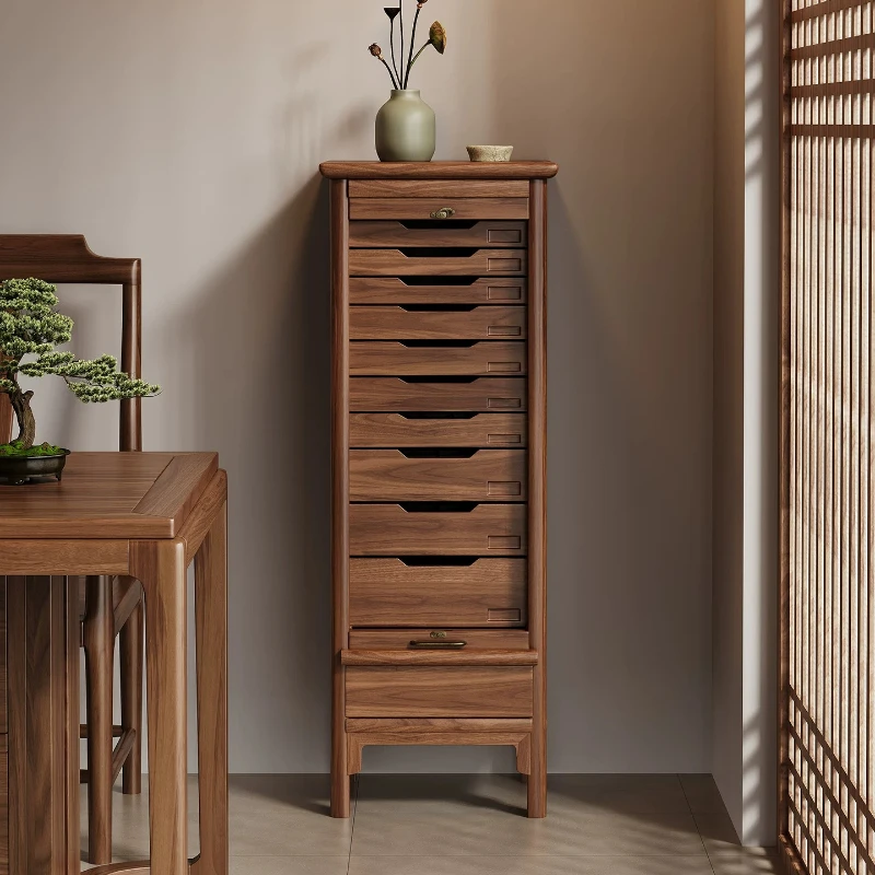 Black walnut solid wood cabinet flat replacement new Chinese rotating Wenwan storage tea set storage cabinet
