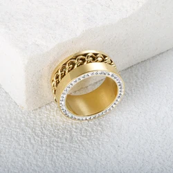 Punk Stainless Steel Cuban Curb Link Chain Ring For Men Women Gold Color Twist Pattern Crystal Finger Rings Female Jewelry