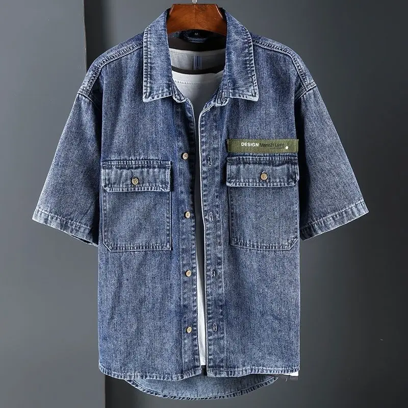 Chemise en denim à manches courtes pour hommes, chemise en coton, vêtements de travail décontractés, streetwear tendance, vêtements d\'été, nouveau