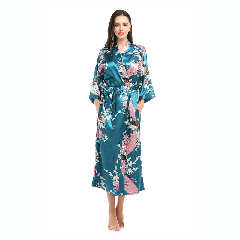 Kimono da donna in raso di seta Robes Long Sleepwear vestaglia floreale pavone stampato modello Party Wedding damigella d\'onore accappatoio