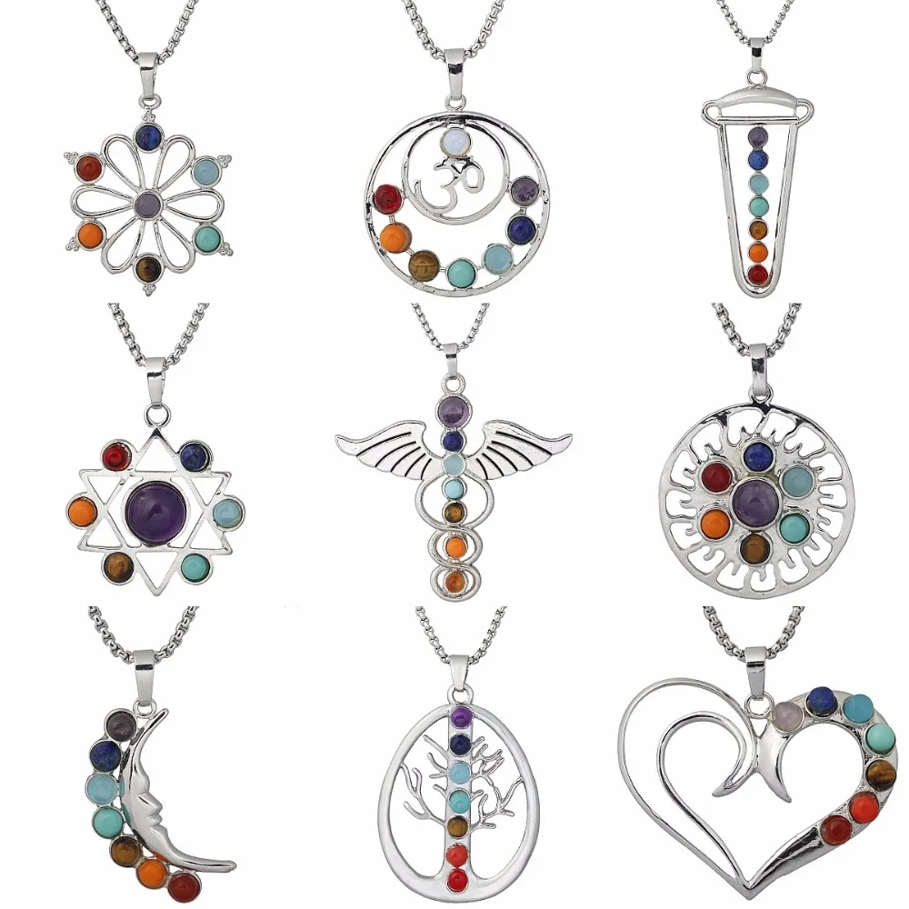 SUNYIK 7 Chakra Stone Flower Heart Moon Cross Healing Reiki Pendant Fit Necklace Silver Color Metal Jewerlry (Free Chain)