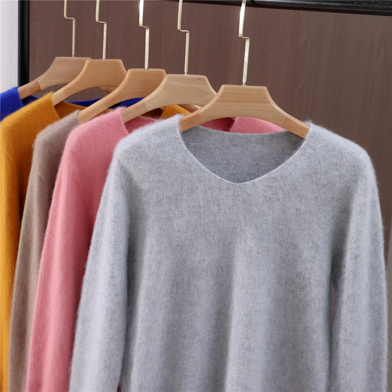 Autumn And Winter New High-End Female Mink Cashmere Sweater Solid Color Long-Sleeved Wool Knit Bottoming Sweater Loose Top - Detail 1