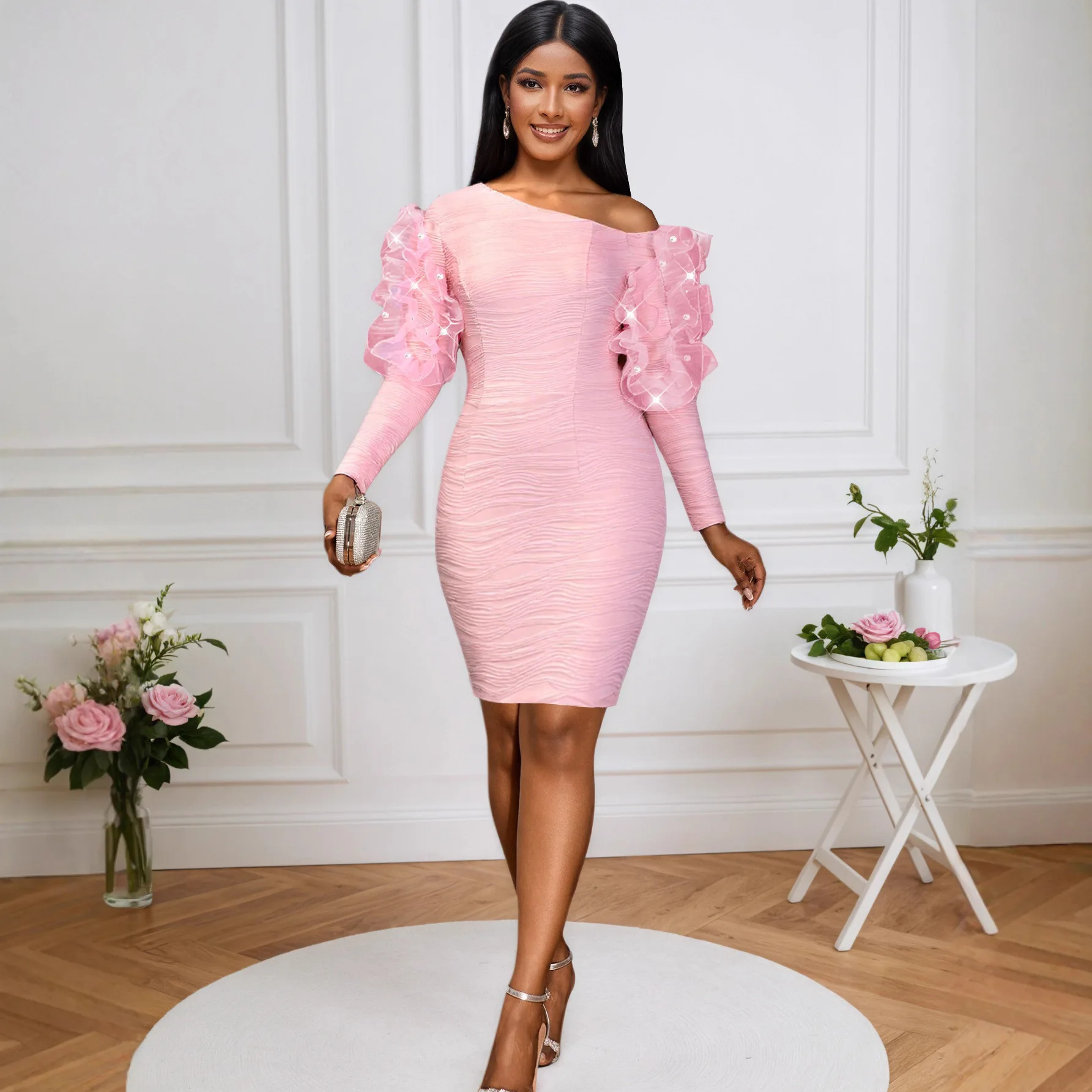 

Elegant Pearl Mesh Lotus Leaf Long-Sleeve Dress Sexy Off-The-Shoulder Slimming Evening Hip-Hugging Gown for Women