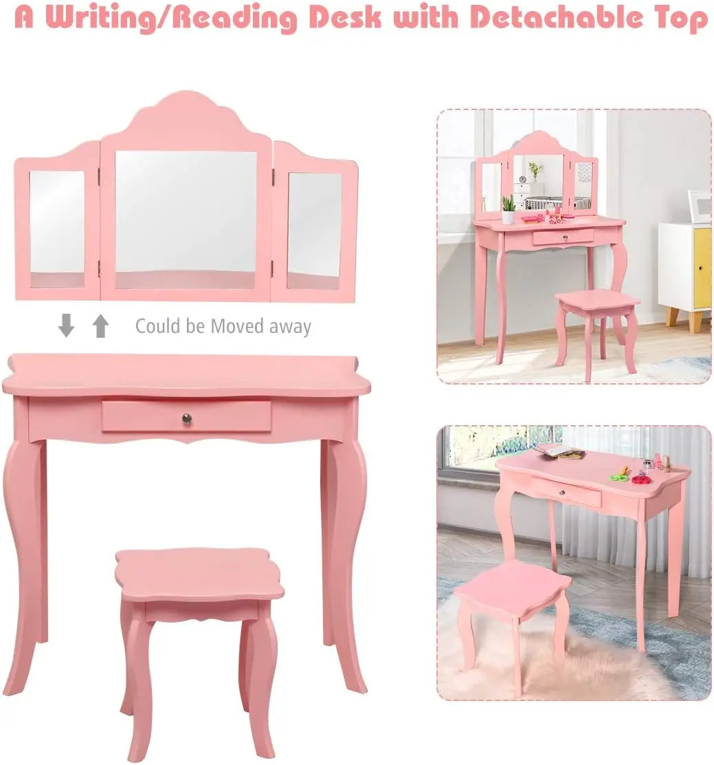 Kids Wooden Vanity Table & Stool Set, 2 in 1 Detachable Design with Dressing Table and Writing Desk, Princess Makeup Dressing Ta