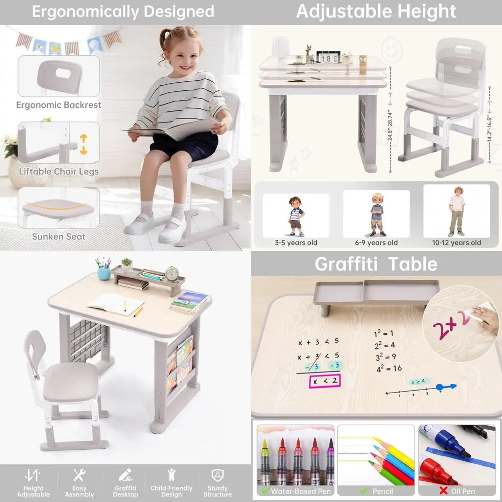 Adjustable Height Kids Desk and Chair Set, Study and Art Table for Ages 3-12, with Side Bookshelf and Storage, Ideal for Bedroom
