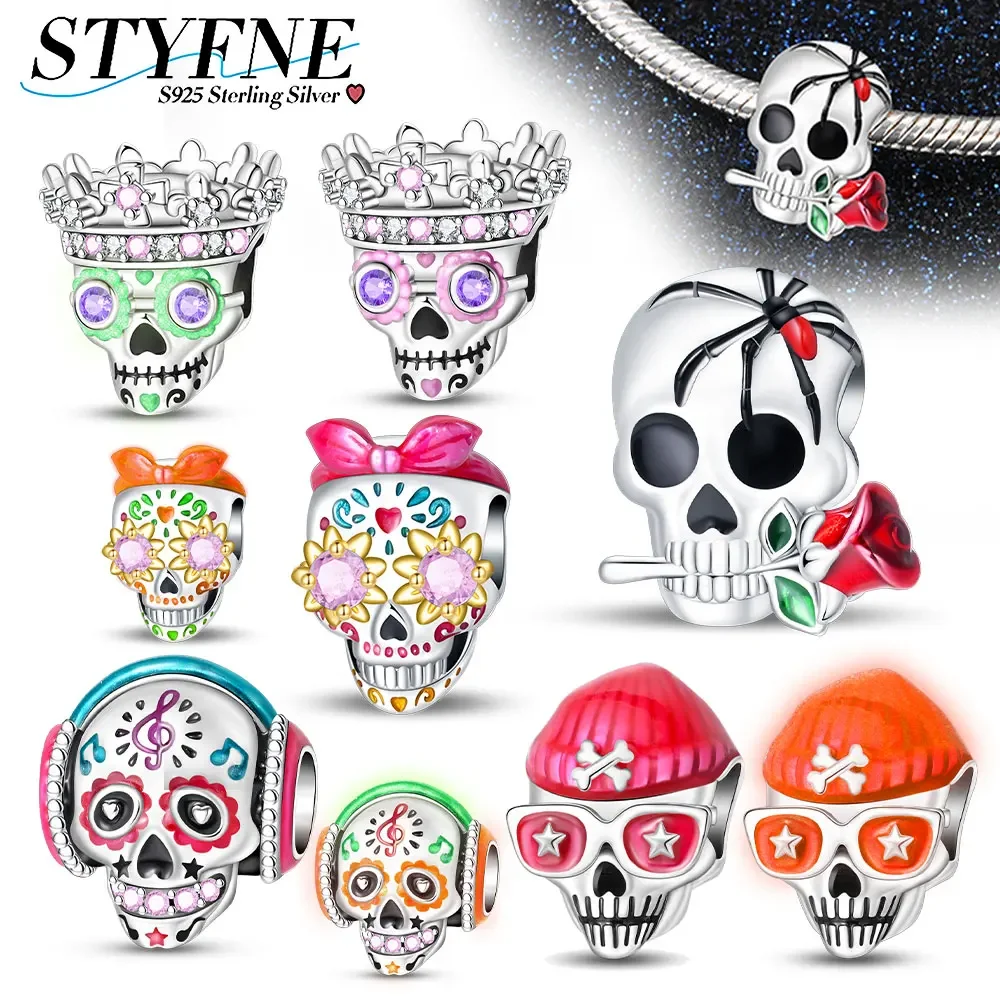 

New 925 Sterling Silver Tough Guy Skull Night Glow Series Beads for Women Fit Pandora Original Bracelet Jewelry Halloween Gift