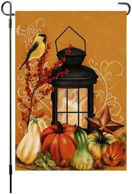 Fall Thanksgiving Garden Flag 12 X 18 Inches Double Sided, Pumpkins Birds And Flowers Yard Flags,Durable Burlap Flag Holiday Far