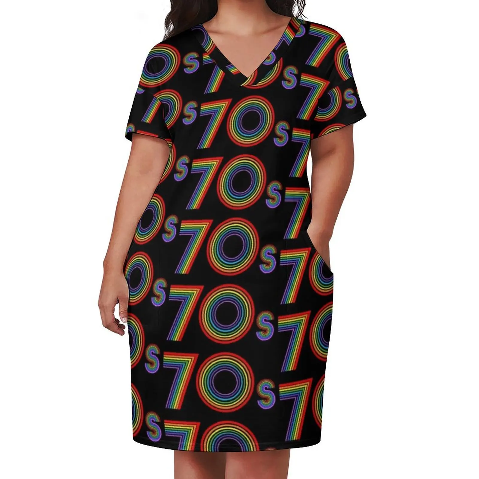 Disco 70s Retro Rainbow Decade Loose Pocket Dress Women