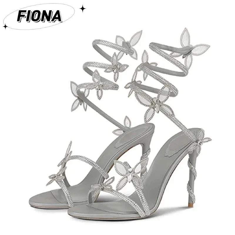 

Water Diamond Snake Wrapped Three Dimensional Butterfly High Heel One line Sandals for Women's Summer New Thin Heel Strap Shoes