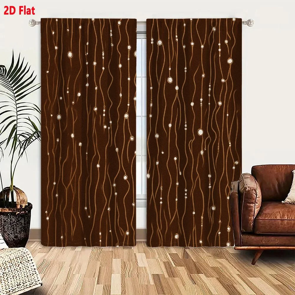2Pcs Curtains 2D Flat Seamless Vertical Pattern With Wavy Tan Lines And Scattered Dots On Dark Brown Background Window Drapes fo