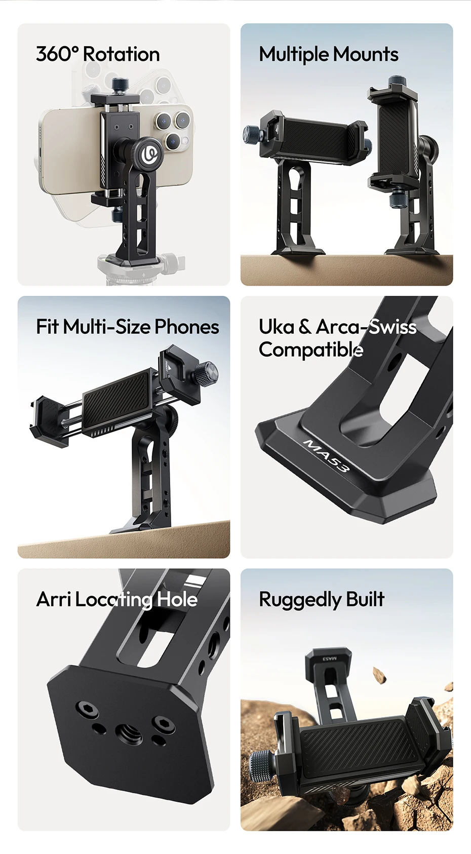 Ulanzi MA53 Arca Swiss Telefonhalterung mit Kugelkopf 360° ° Rotations-Handyhalter aus Metall für Fotografie, Livestreaming, Vlog-Aufzeichnung – Detail 2