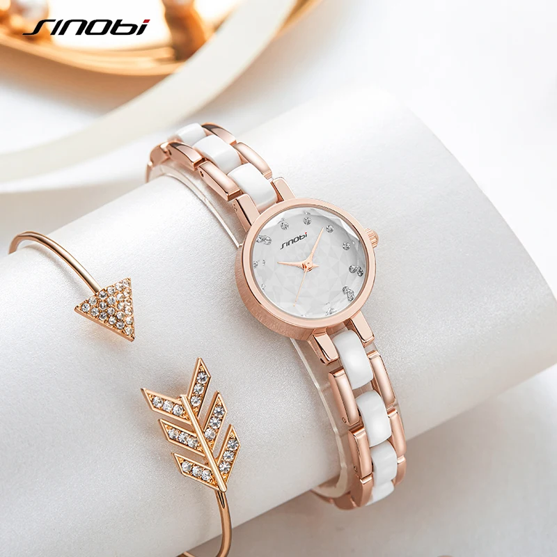 SINOBI New Design Women Fashion Wristwatches Shinning Rose Golden Bracelet Women Watches Luxury Diamond Quartz Watches for Women