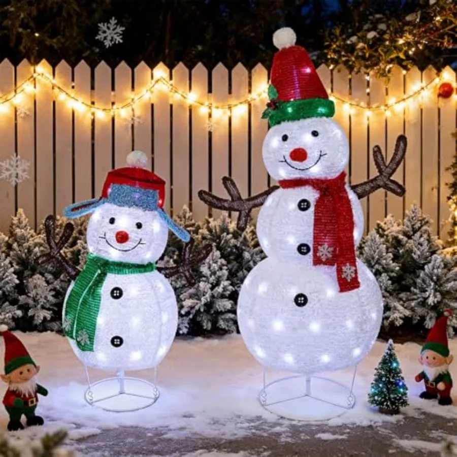 

Hausse Set of 2 Lighted Christmas Snowman Decorations 3.6+2.6FT Outdoor PreLit White Snowmen with Lights Light Up Collapsible X