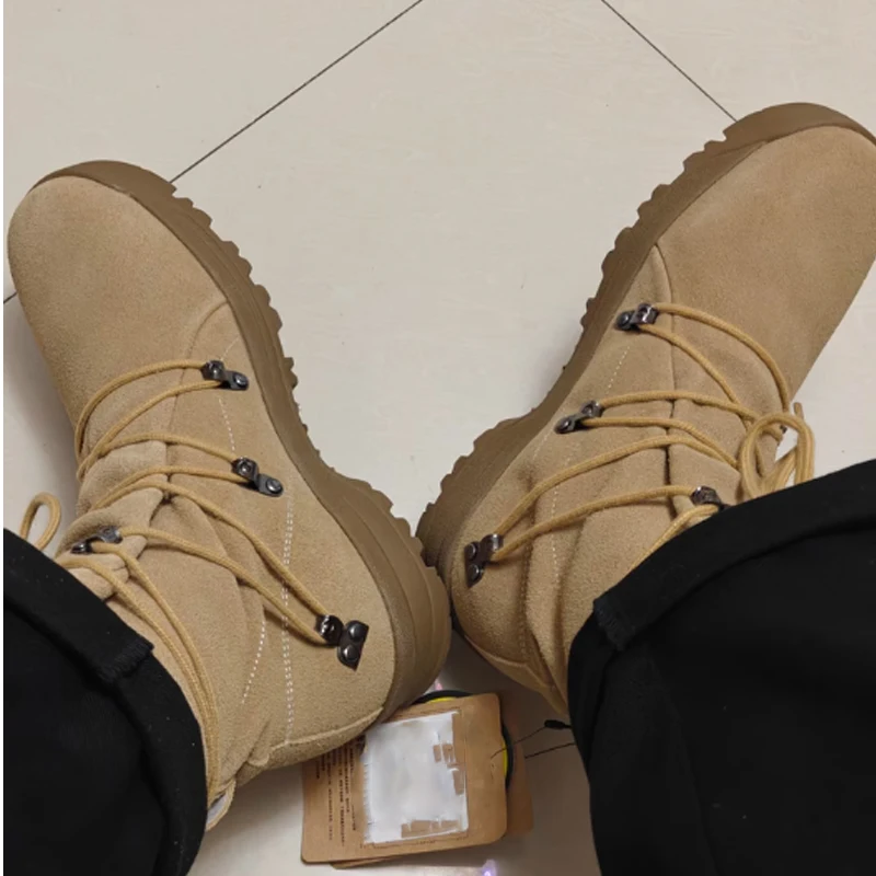 Men's Suede Brown Cross Straps Desert Boots High Top Retro Work Boots Outdoor Casual Lace-Up Non-Slip Warm Combat Boots