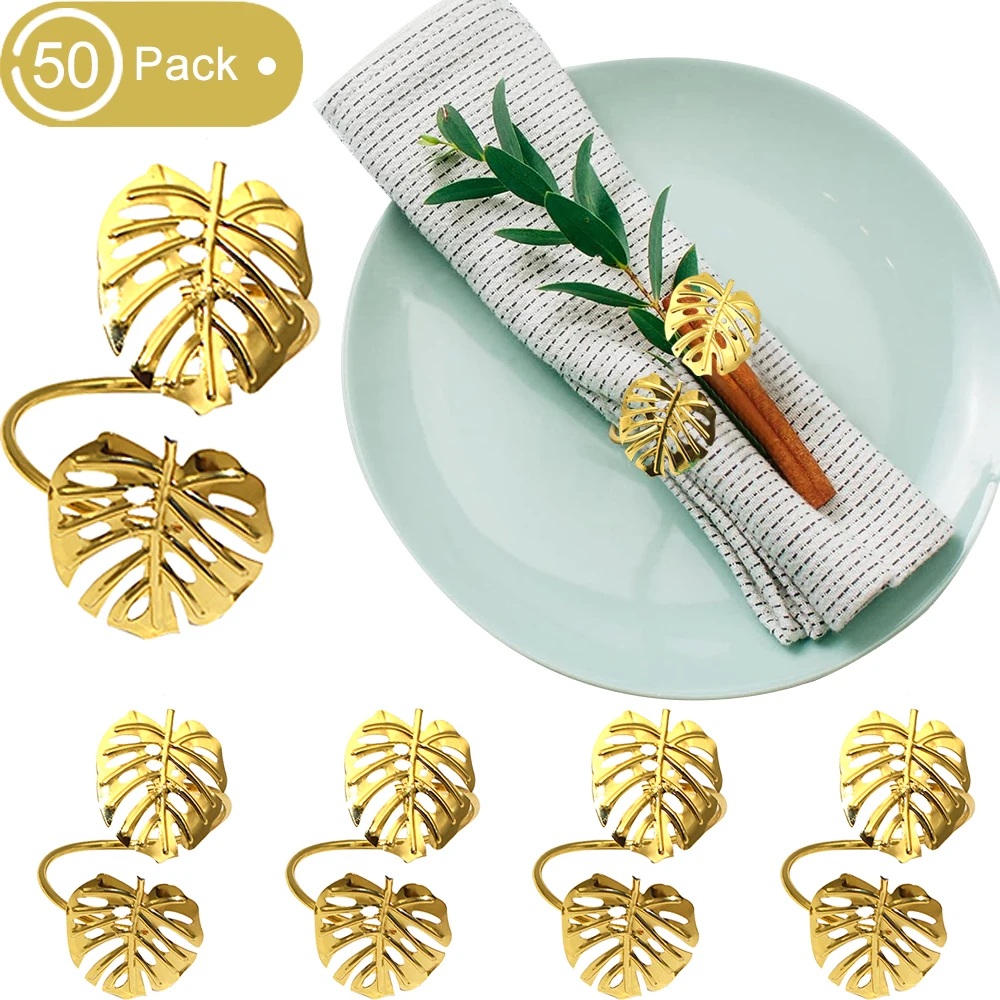 50Pcs Palm Leaf Napkin Rings Gold Leaf Napkin Holder Metal Serviette Ring for Tropical Wedding Party Family Gathering Table Deco