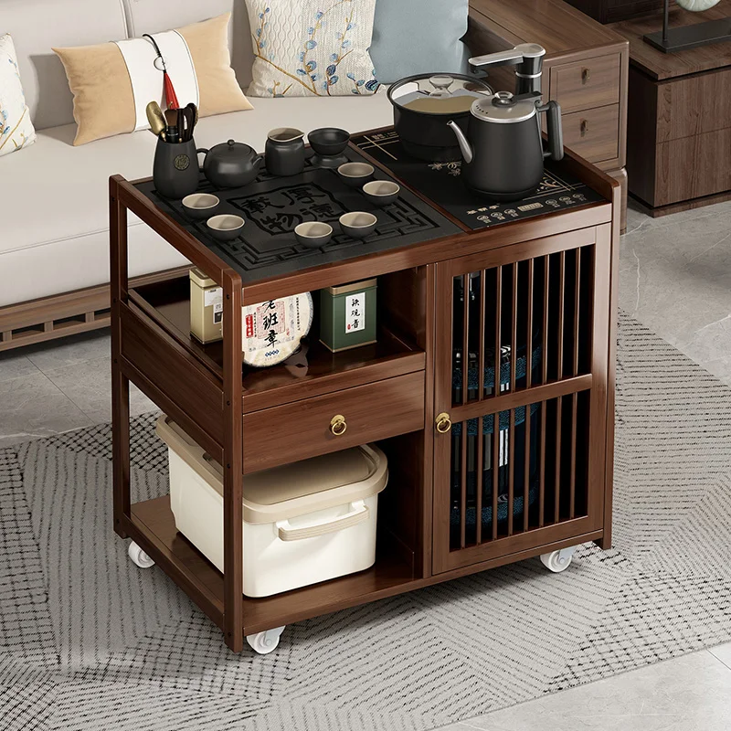 

Mobile tea table, tea cart, household tea, solid wood small tea table with wheels, coffee table, boiling water integrated