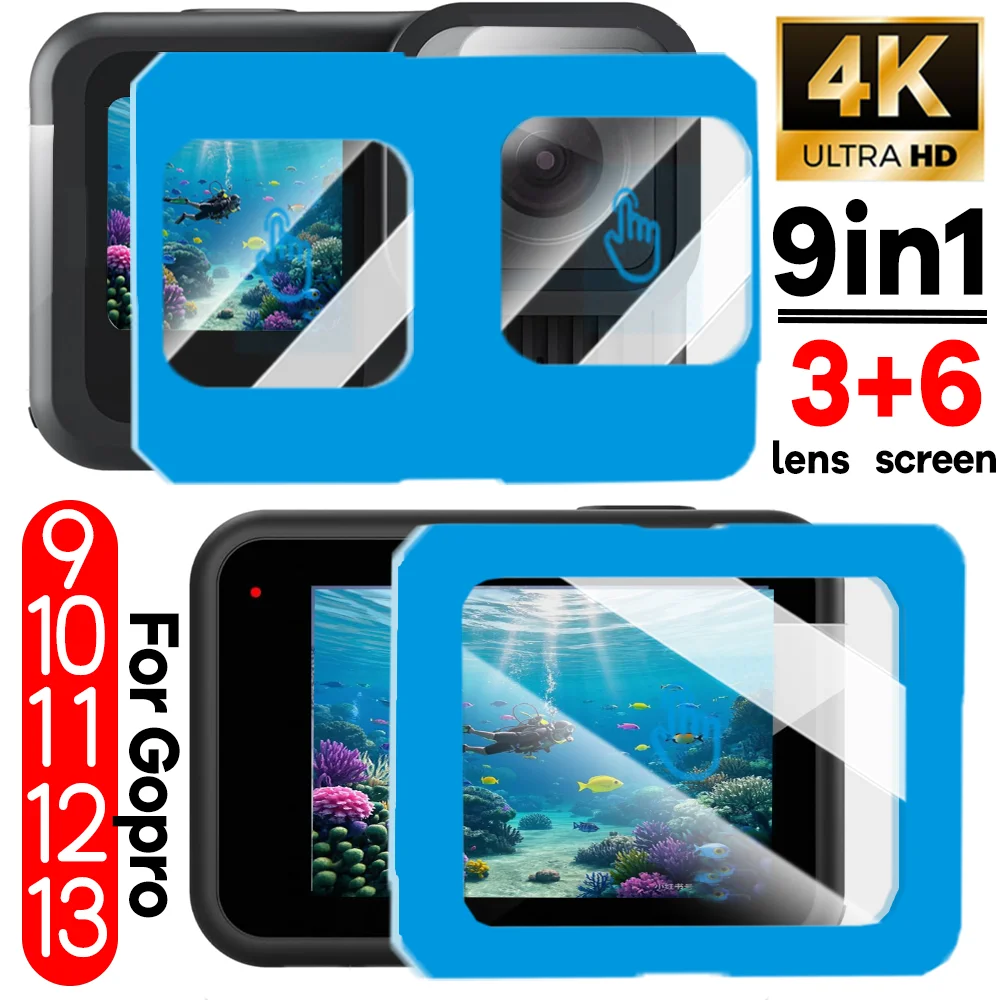 Закаленное стекло 9 в 1, легко устанавливаемые защитные пленки для экрана для GoPro Hero 13 12 11 10 9, защитные пленки для объектива камеры, полнопокрывающие пленки