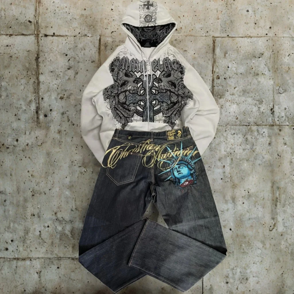 

Y2kk New Hip Hop Statue Liberty Jeans Zip Up Hoodies Women Street Casual Loose Goth Sweatshirt Unisex Fleece Padded Warm Hoodie