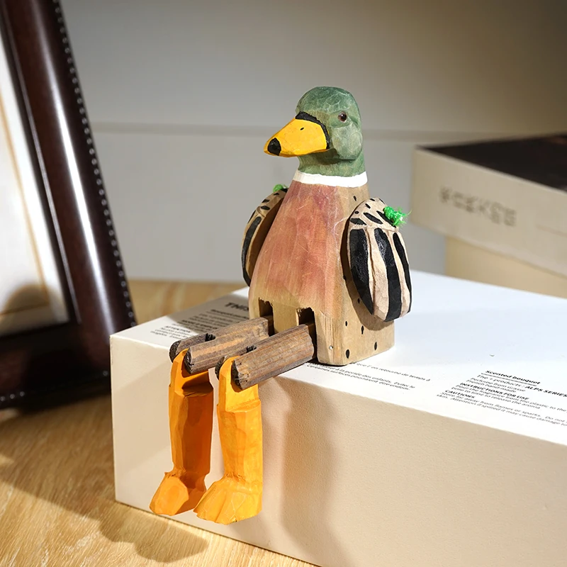 Funny Long Leg Duck Handmade Wooden Carving Mini Statue Office Desk Decor Gift