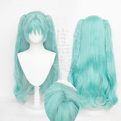 วิกผมอะนิเมะ Miku คอสเพลย์วิกผมสังเคราะห์ทนความร้อนสีเขียวมิ้นต์80ซม. สำหรับปาร์ตี้ฮาโลวีนและตาข่ายคลุมผมสำหรับใส่วิก