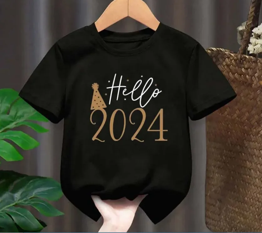 Hello 2024 Funny Print Kids T-shirt Happy New Year Party Boys Girls T Shirts Clothes Fashion Child T Shirt Short Sleeve Tops